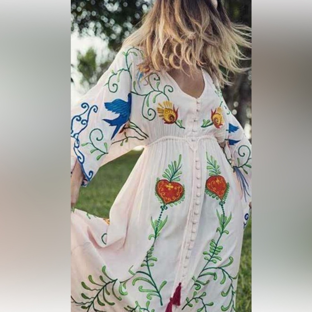 White Long Sleeve Sundress with Bell Sleeves and Scoop Neck